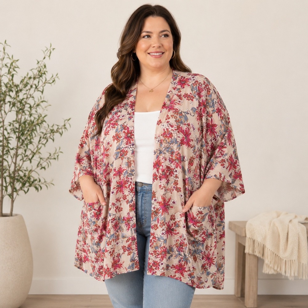Floral Kimono Women 1X Plus Open Front Topper Pockets Boho Signature Studio - Picture 2 of 12